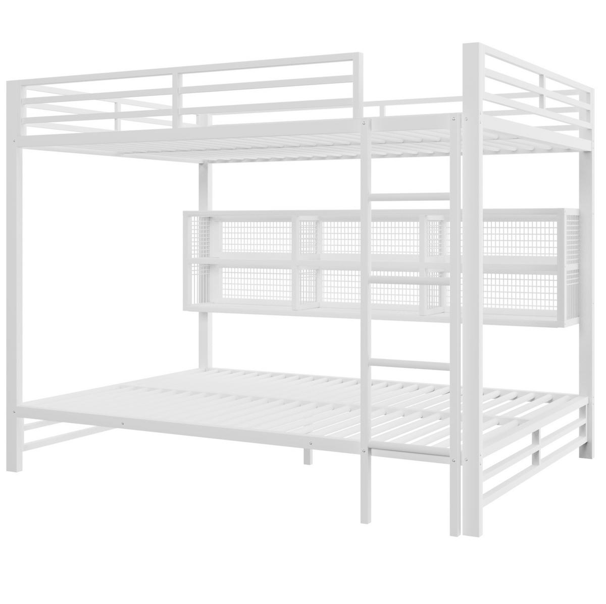 ETAGENBETT 140/200 cm weiß aus Metall mit 6 Stauraumschränken und LED - Weiß, Metall (140/200cm) - OKWISH