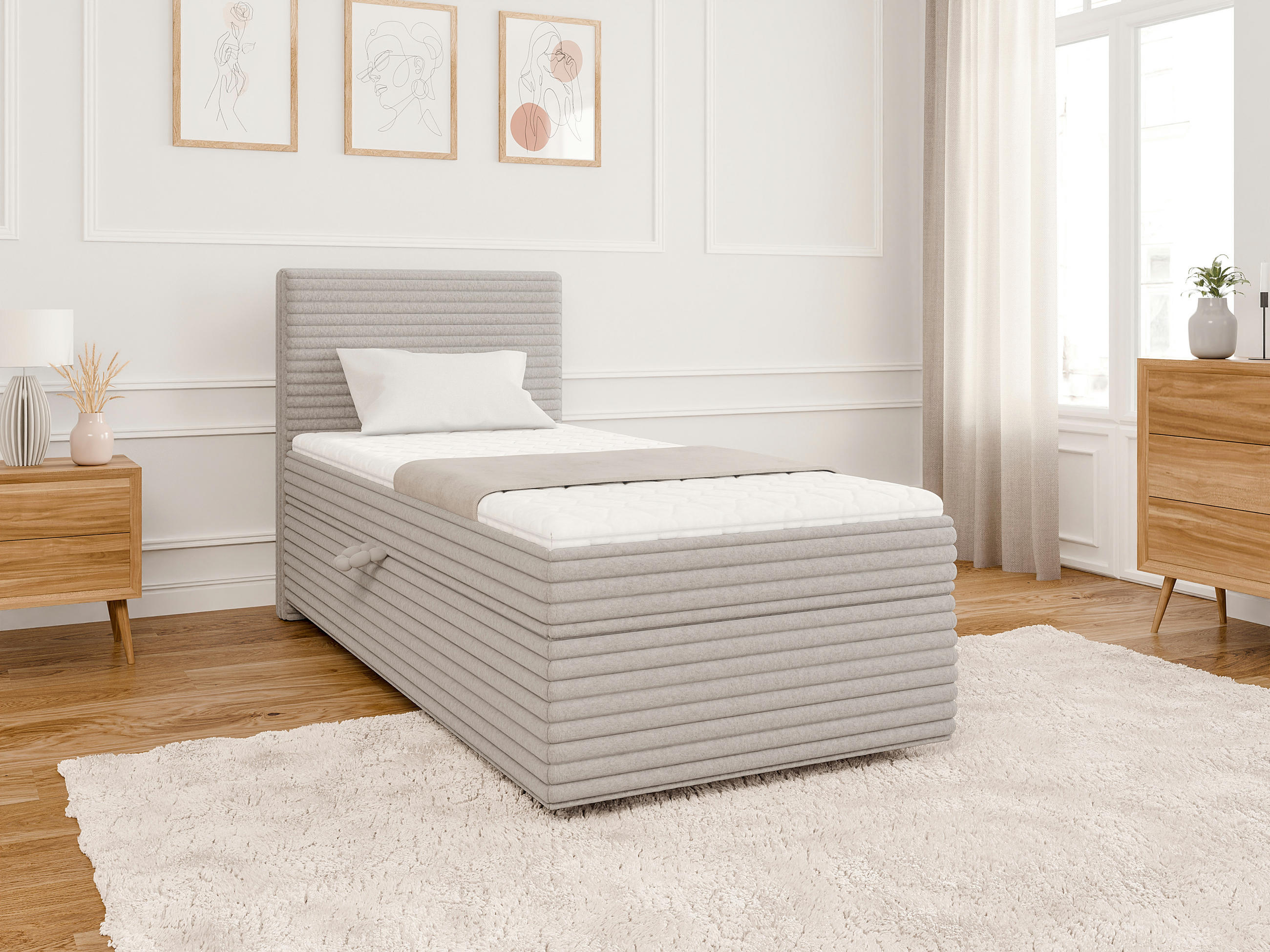 BOXBETT Roma 90/200 cm Hellgrau Plüschcord - Hellgrau/Schwarz, Holz/Kunststoff (90/200cm) - S-Style Möbel