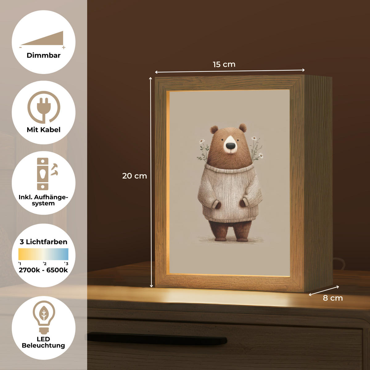 NACHTTISCHLAMPE Bär - Weiße Blumen - Gemütlich 15x20 cm - Taupe, Holzwerkstoff (8/15/20cm)