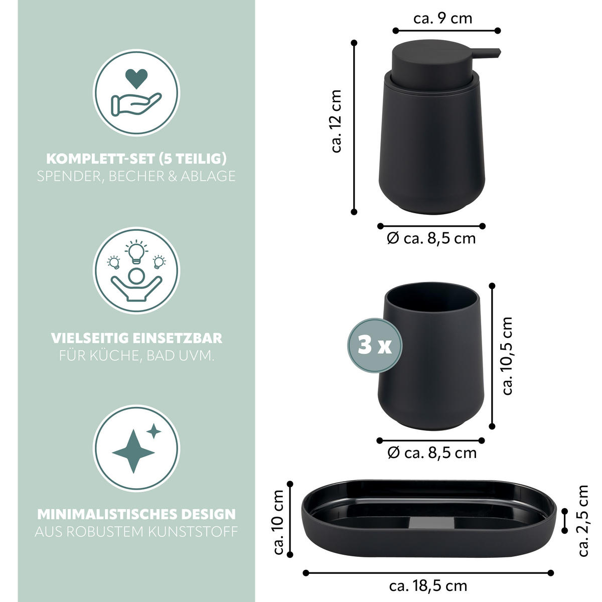 BAD-ACCESSOIRES-SET TESERO 5tlg., Soft-Touch, schwarz - Schwarz, Kunststoff (8.5/12/9cm) - eluno