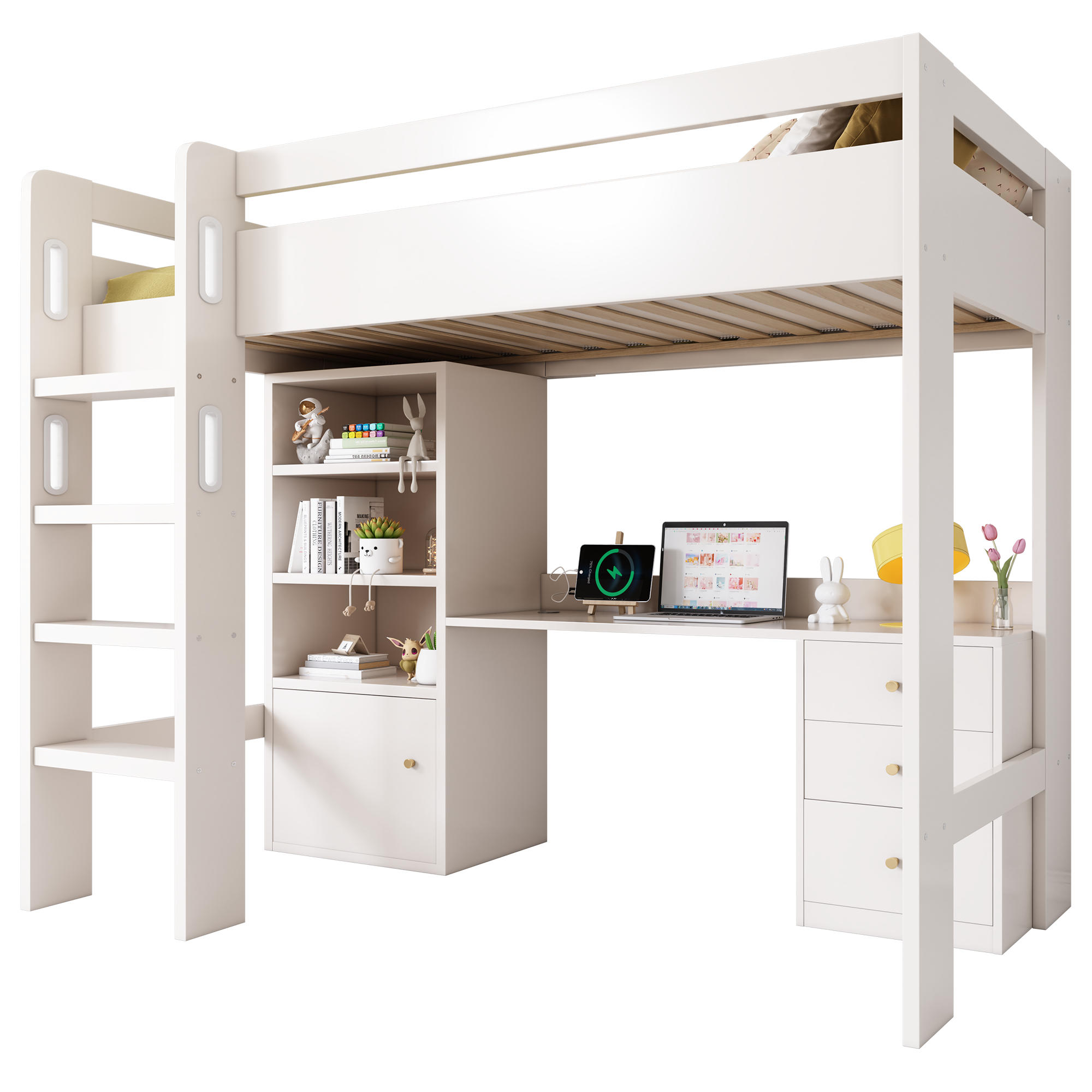 HOCHBETT 90/200 cm mit Schreibtisch, USB-/Type-C-Anschluss, Kleiderschrank und Stauraum, Weiß - Weiß, Holzwerkstoff (90/200cm) - Redom