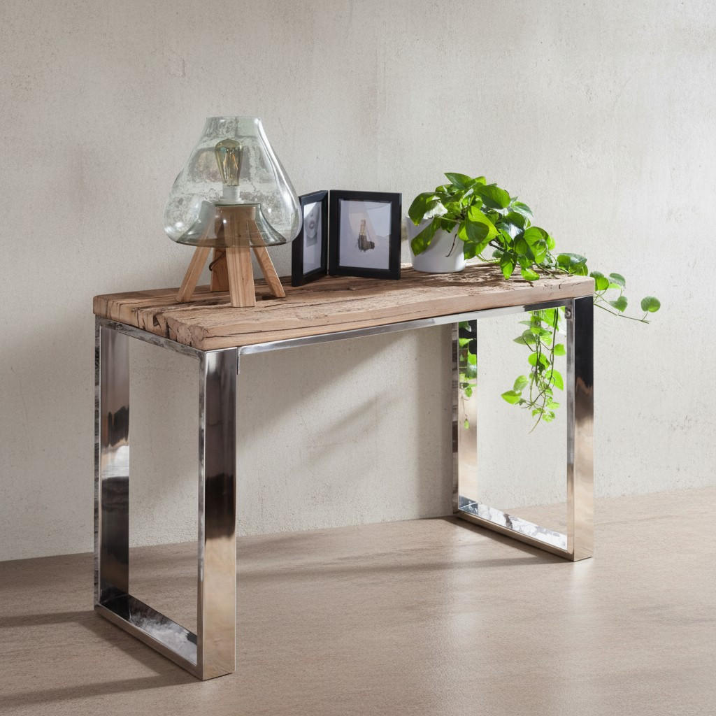 KONSOLENTISCH – Massivholz/Metall, 115 cm, Industrial-Stil, mit Schubladen - Beige/Silberfarben, Holz/Metall (46/115/76cm) - KADIMA DESIGN