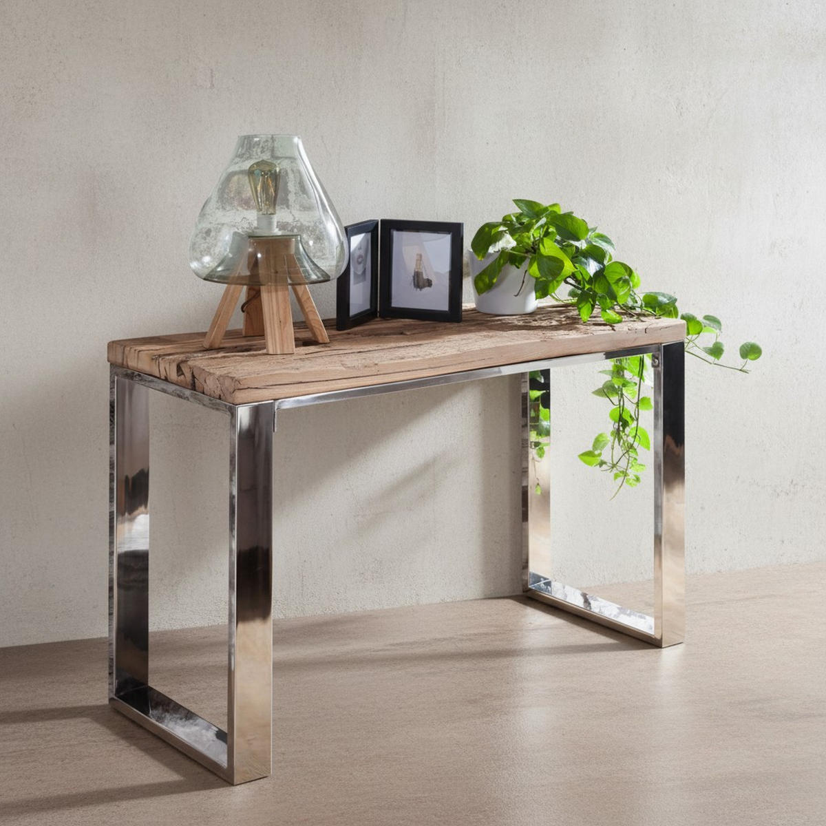 KONSOLENTISCH – Massivholz/Metall, 115 cm, Industrial-Stil, mit Schubladen - Beige/Silberfarben, Holz/Metall (46/115/76cm) - KADIMA DESIGN