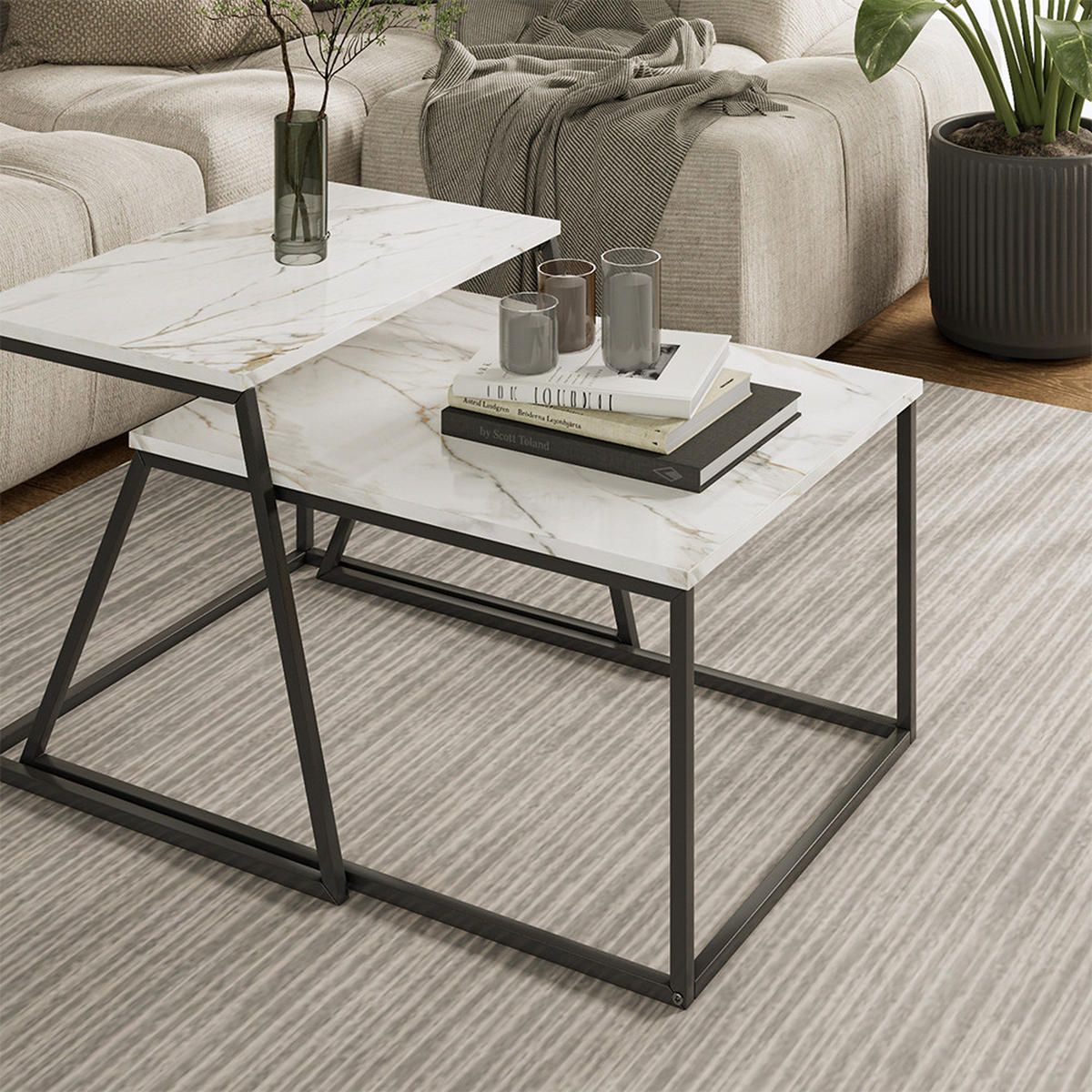 COUCHTISCH-SET Myra Schwarz/Marmor-Weiß 60 x 50 cm 2 Teile - Weiß Hochglanz/Schwarz, Holzwerkstoff (50/60/38cm) - Vicco