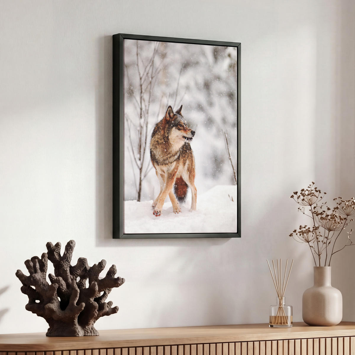 LEINWAND Bilder mit Rahmen - Wolf - Winter - Schnee - Natur - Tiere - 30x40 - Haselnussfarben, Textil (30/40cm) - MuchoWow