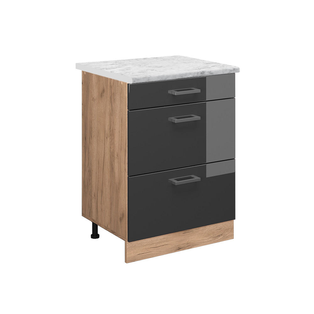 KÜCHENUNTERSCHRANK R-Line Anthrazit Hochglanz 60 cm AP Marmor - Honigeiche/Schwarz Hochglanz, Holzwerkstoff (60/81.6/60cm) - Vicco