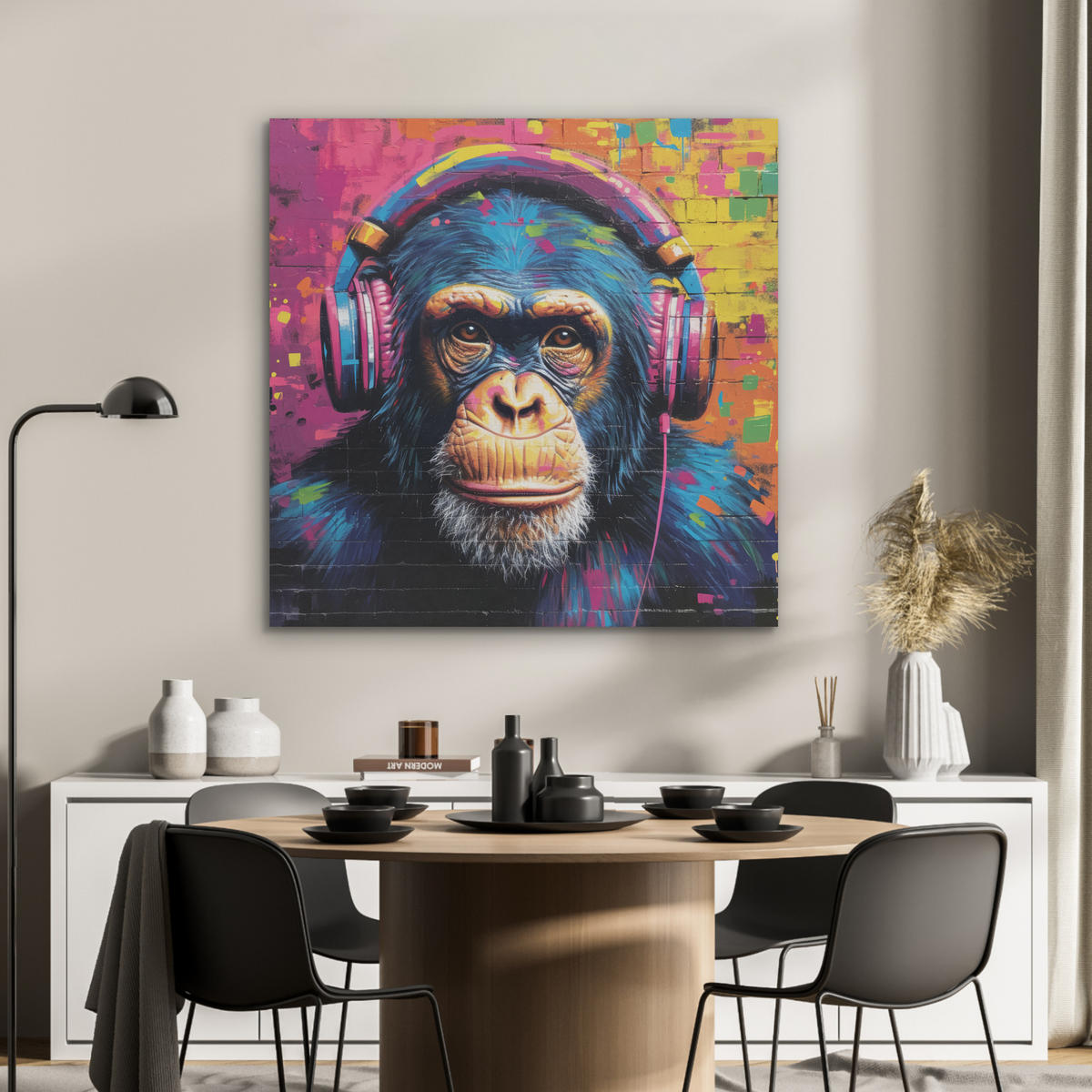 AKUSTIKPANEEL Graffiti - Schimpanse - Straßenkunst - Kopfhörer - Affe 90x90 cm - Blau, Textil (90/0.9/90cm) - MuchoWow