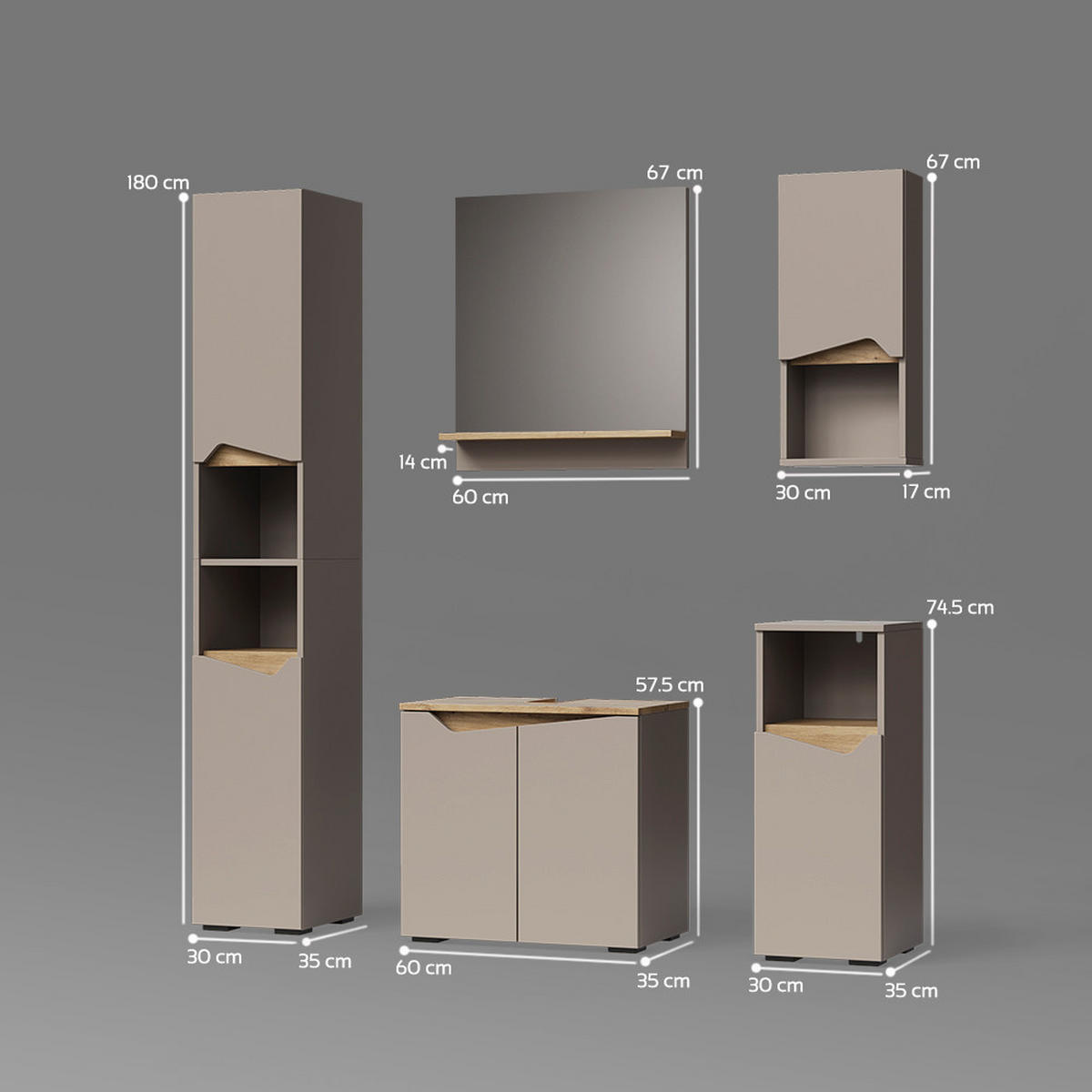 BADMÖBEL-KOMBINATION Timavo Greige 5 Teile - Greige/Eiche Artisan, Holzwerkstoff (60/57/35cm) - Livinity®