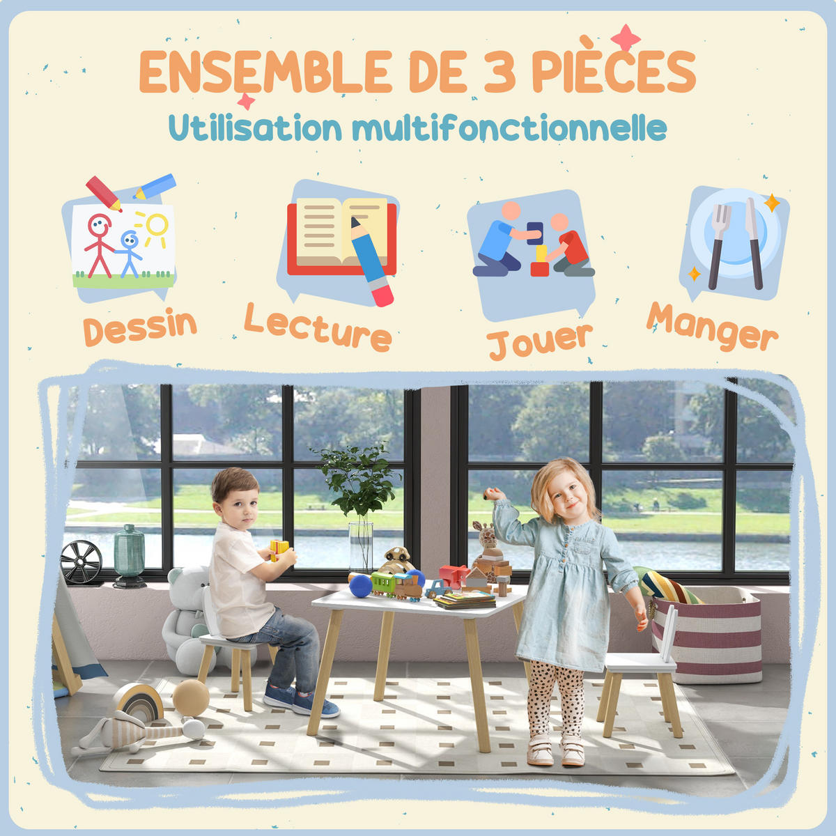 KINDERSITZGRUPPE DE-17515 Hasenohren-Design mit Stauraum Weiß - Weiß, Holzwerkstoff (60/44/60cm) - ComfortXL
