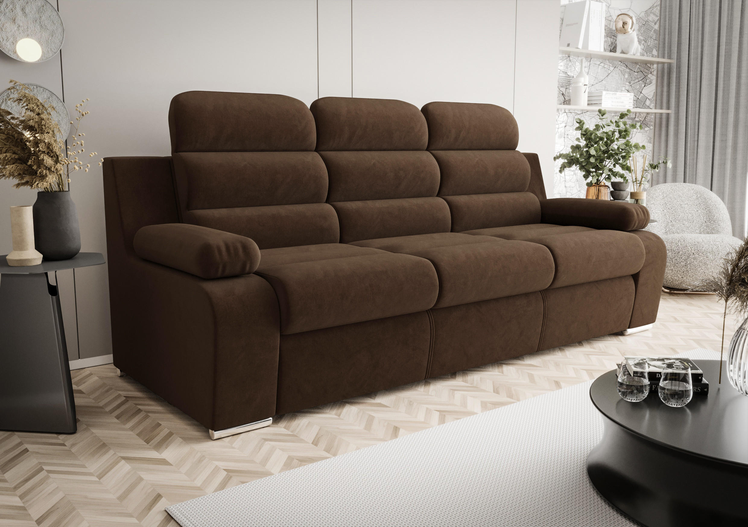 SCHLAFSOFA AMBER, mit Schlaffunktion und Bettkasten, Farbe: Braun, Velourstoff - Braun, Textil (238/103/96cm) - O-Sofa