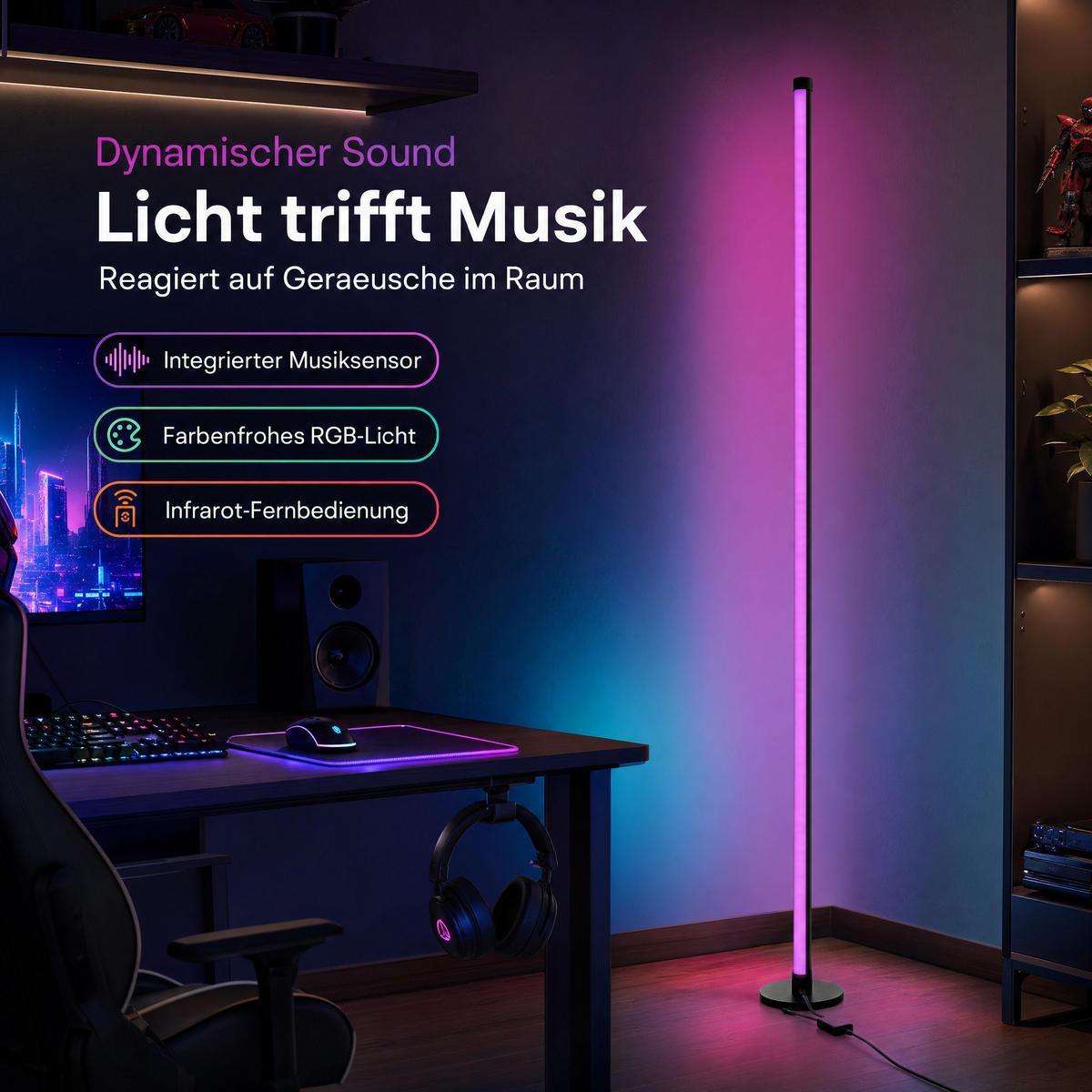 LED-ECKLAMPE - mit Fernbedienung und integriertem Musiksensor für RGB Farbeffekte in Schwarz - Schwarz, Kunststoff (15.5/15.5/147.5cm) - Northpoint