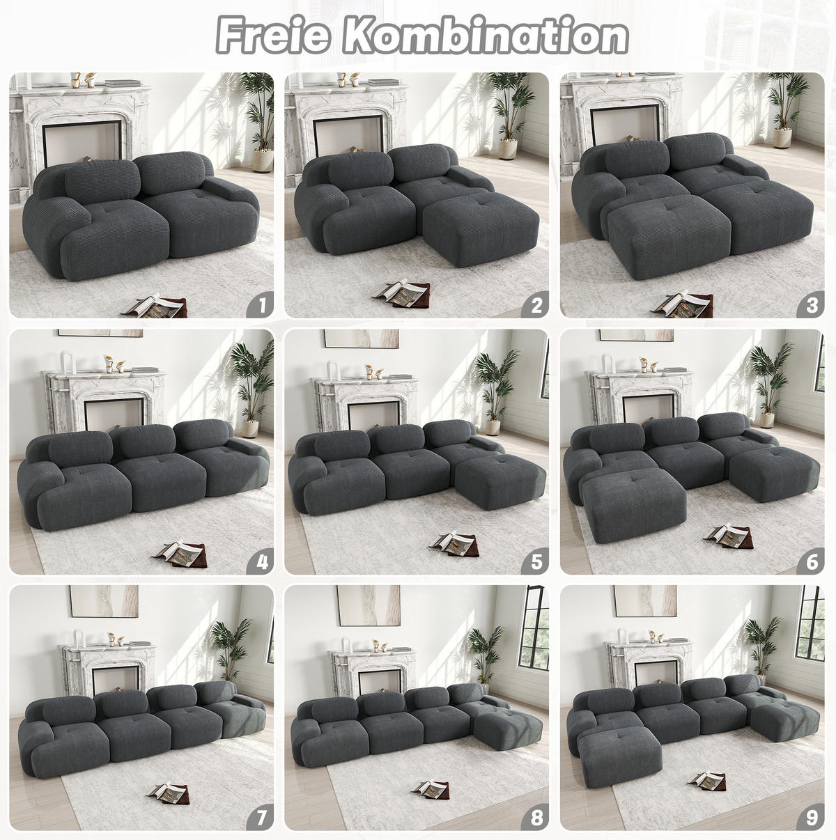 ECKSOFA 298/178/75 cm grau aus Cordstoff montagefrei mit ergonomischem Design - Grau, Textil (178/298cm) - OKWISH