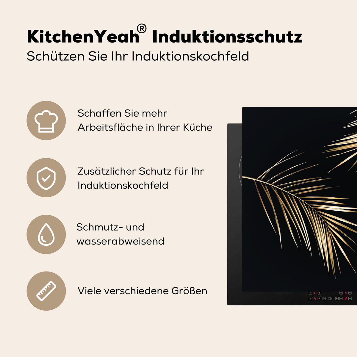 HERDABDECKPLATTE Blätter - Pflanzen - Gold - Schwarz - Luxus 78x78 cm - Goldfarben, Kunststoff (78/78/0.2cm) - MuchoWow