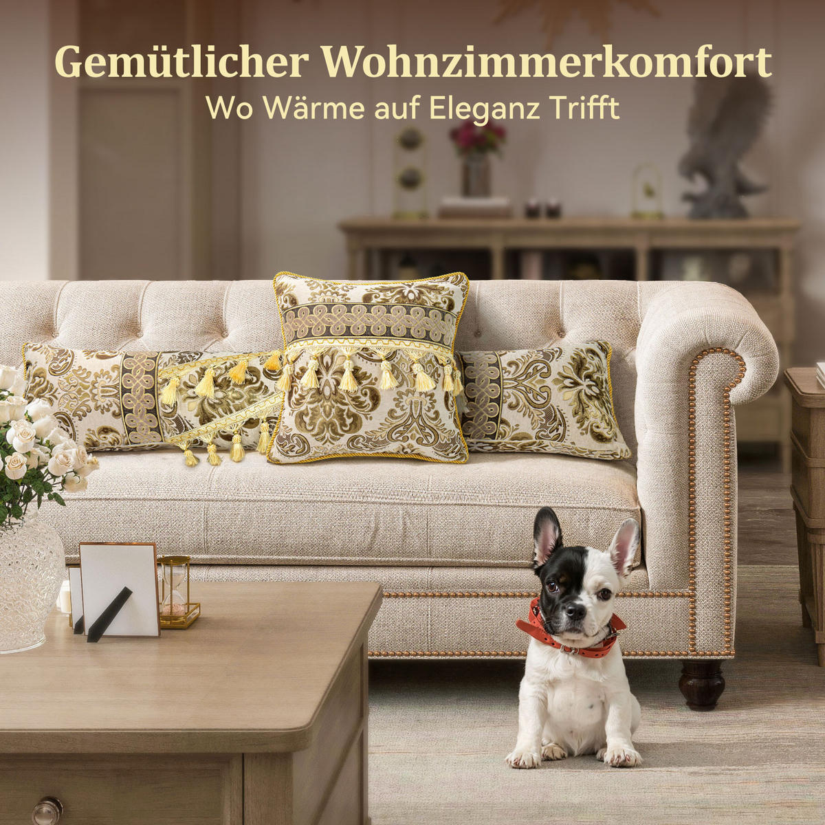 NACHTTISCHKISSEN Goldene Blume Beige 60*140cm 3er-set - Beige, Textil (15/140cm) - Vercart