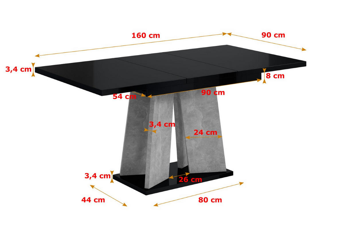 ESSTISCH ausziehbar 120 -160x90x75 cm - Hochglanz Schwarz/Betonoptik - UFOM - Schwarz Hochglanz, Holzwerkstoff (120/90/75cm) - ALTDECOR