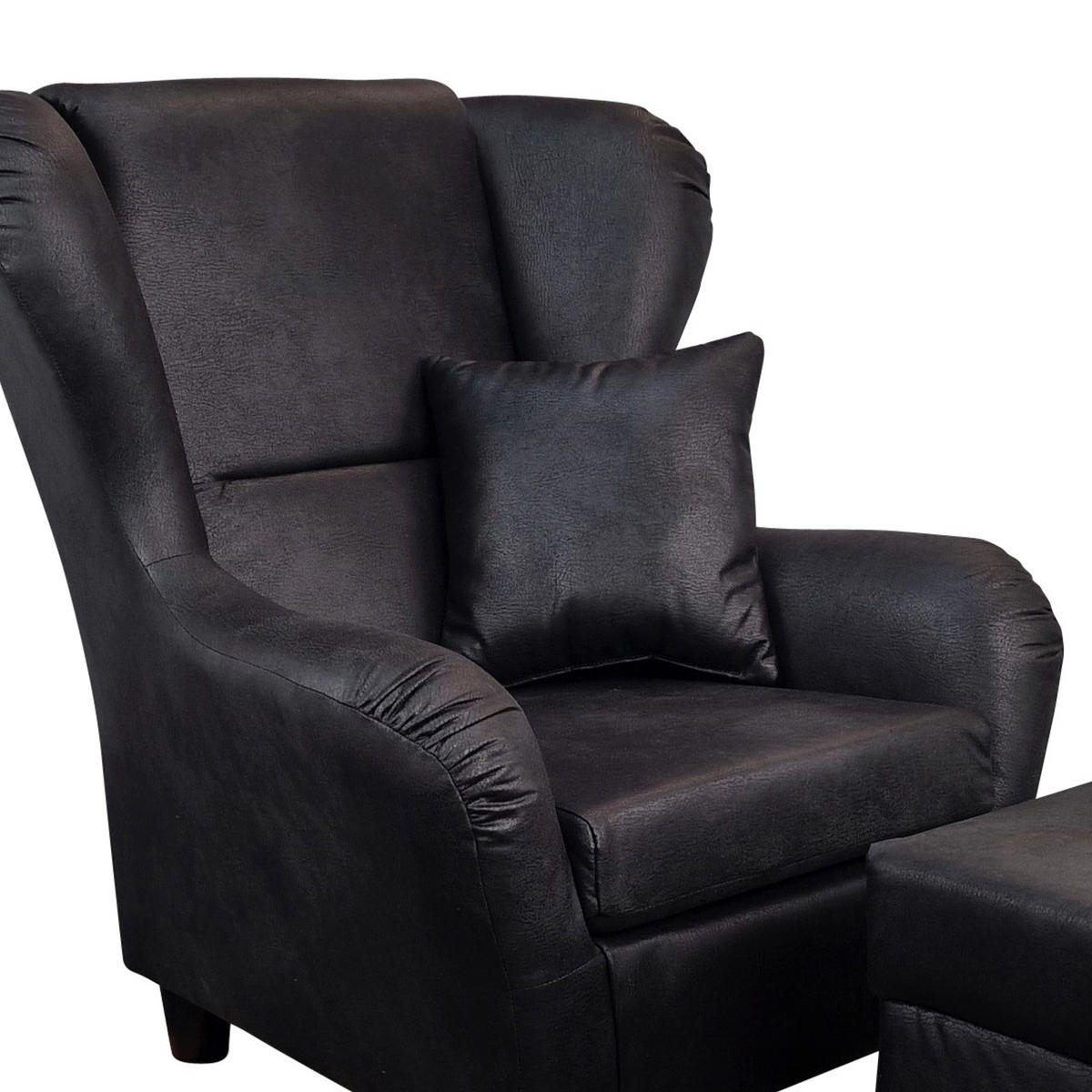 OHRENSESSEL mit HOCKER, hoher Sitzkomfort durch Wellenunterfederung, Mikrofaser Leder-Optik Vintage Schwarz / 18007 - Schwarz, Holz/Textil (90/98/76cm) - luma-home