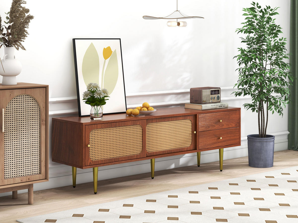 TV-SCHRANK in Walnuss mit Schiebetüren in Rattan-Optik 160/40/60 cm - Walnussfarben, Holzwerkstoff (160/60/40cm) - Redom