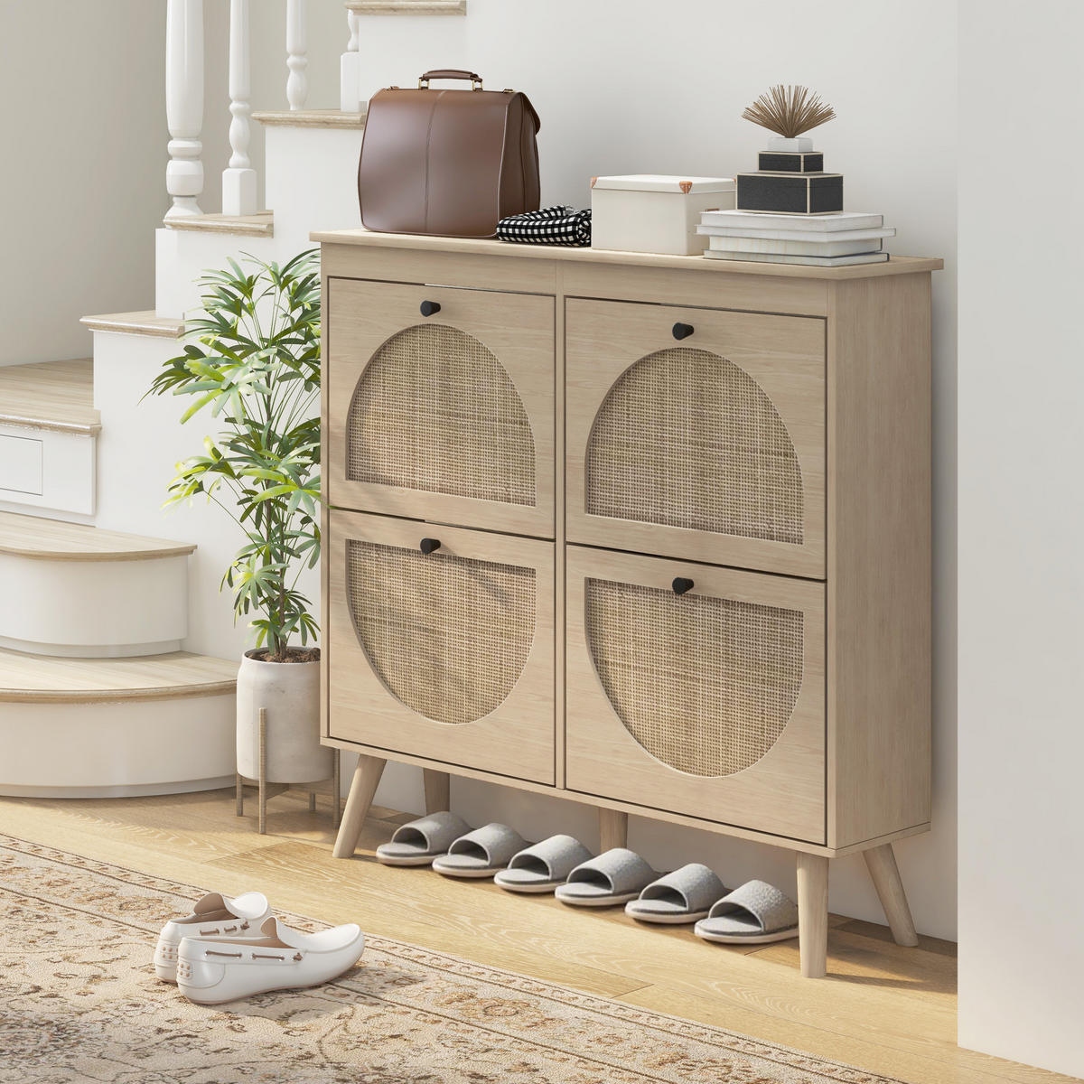 SCHUHSCHRANK DE-14995 4 Klapptüren mit Rattan-Optik Natur - Naturfarben, Holzwerkstoff (105/97.5/24cm) - ComfortXL