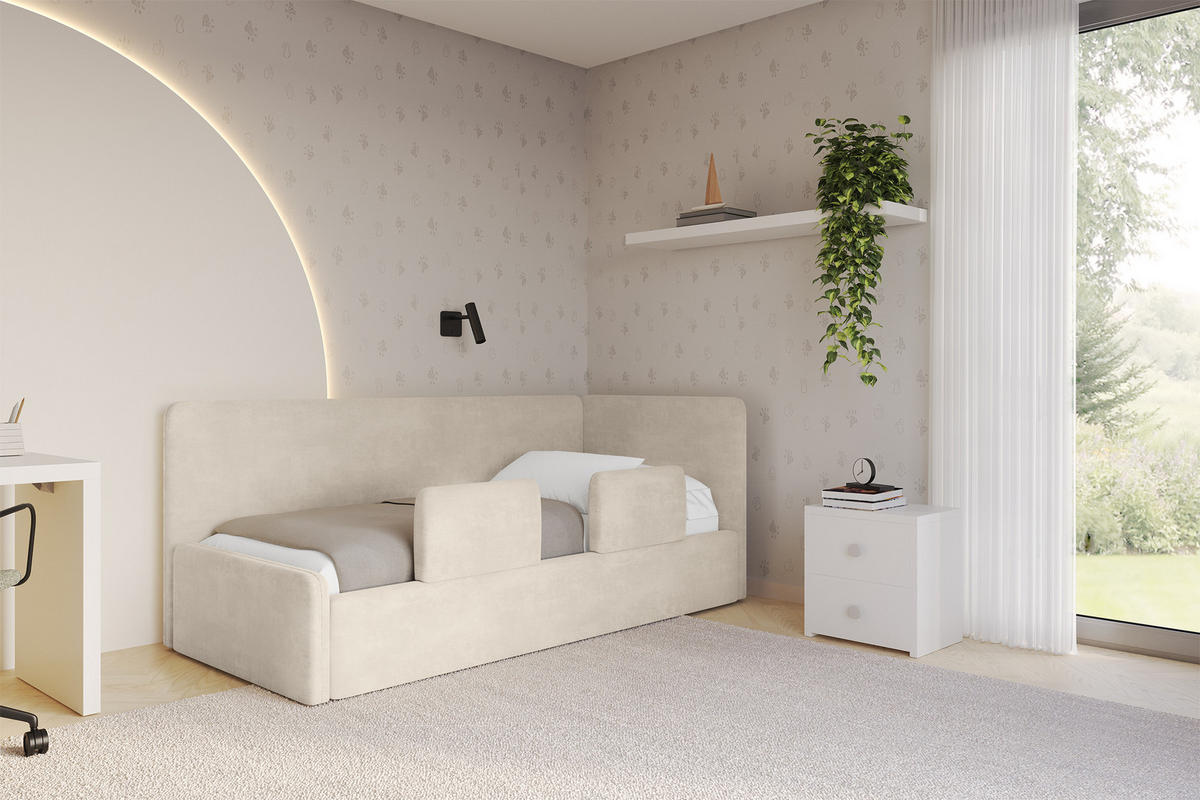 EINZELLBETT Jugendbett mit Bettkasten und Matratze H3/H4, Links - NORY 90x200 Beige - Beige, Holzwerkstoff/Textil (90/200cm) - ALTDECOR