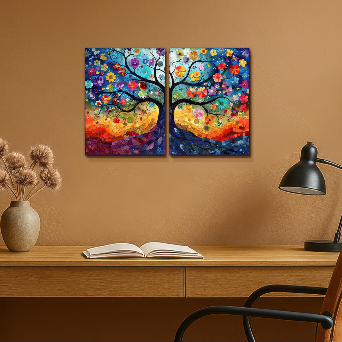 LEINWANDBILD 2er Set Bunt - Baum des Lebens - Blumen - Abstrakt 60x40 cm - Blau, Textil (60/40cm) - MuchoWow
