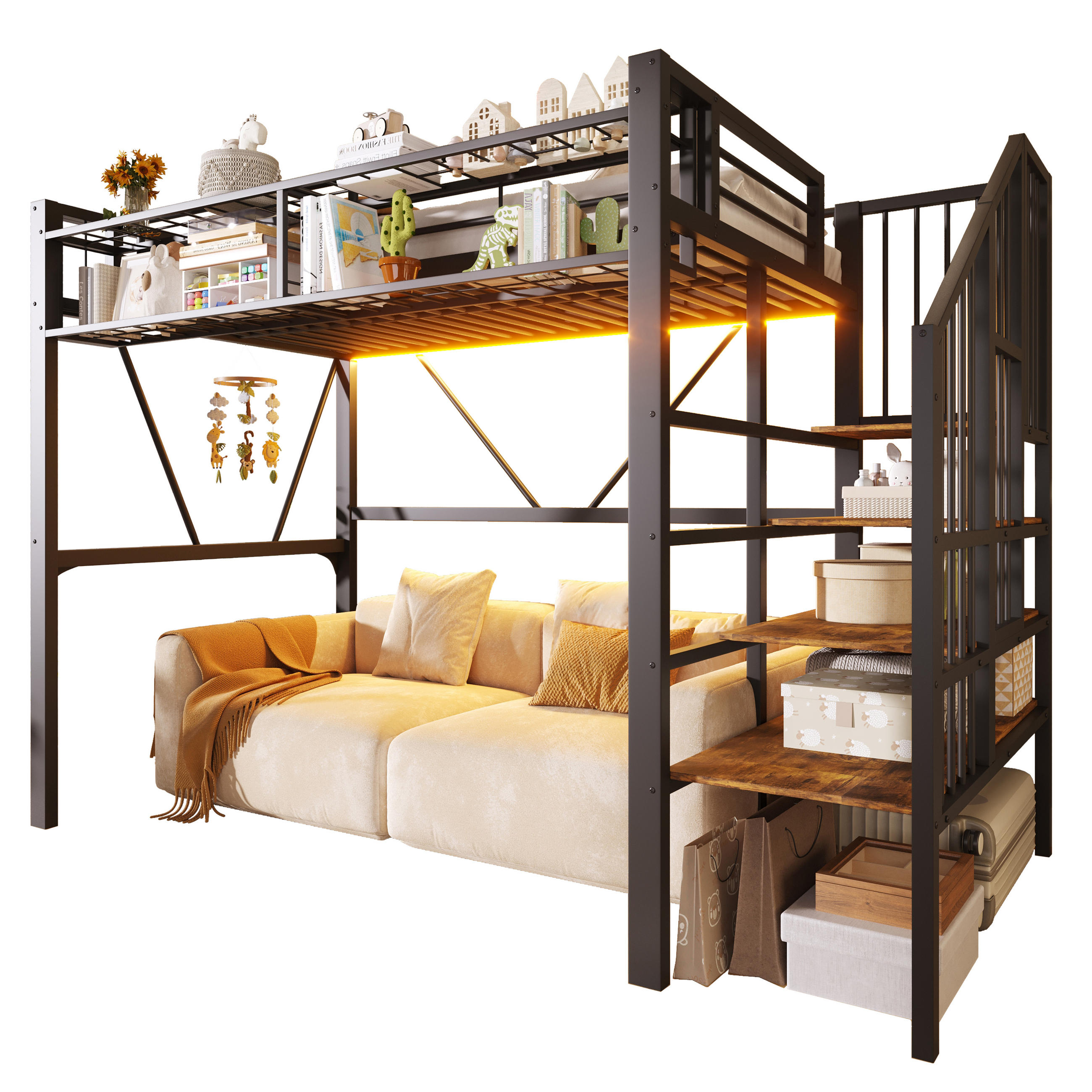 HOCHBETT 90/200 cm in Schwarz mit Stufenregal, Gitterelementen, Stauraum und LED aus Metall und MDF - Schwarz, Metall - STILVORA