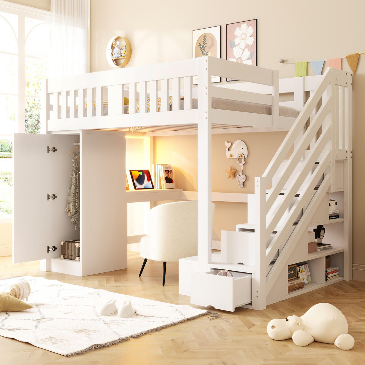 HOCHBETT 140/200 cm mit Stauraumtreppe, Kleiderschrank, Schreibtisch, LED-Beleuchtung und Bank, Weiß - Weiß, Holz (140/200cm) - Redom