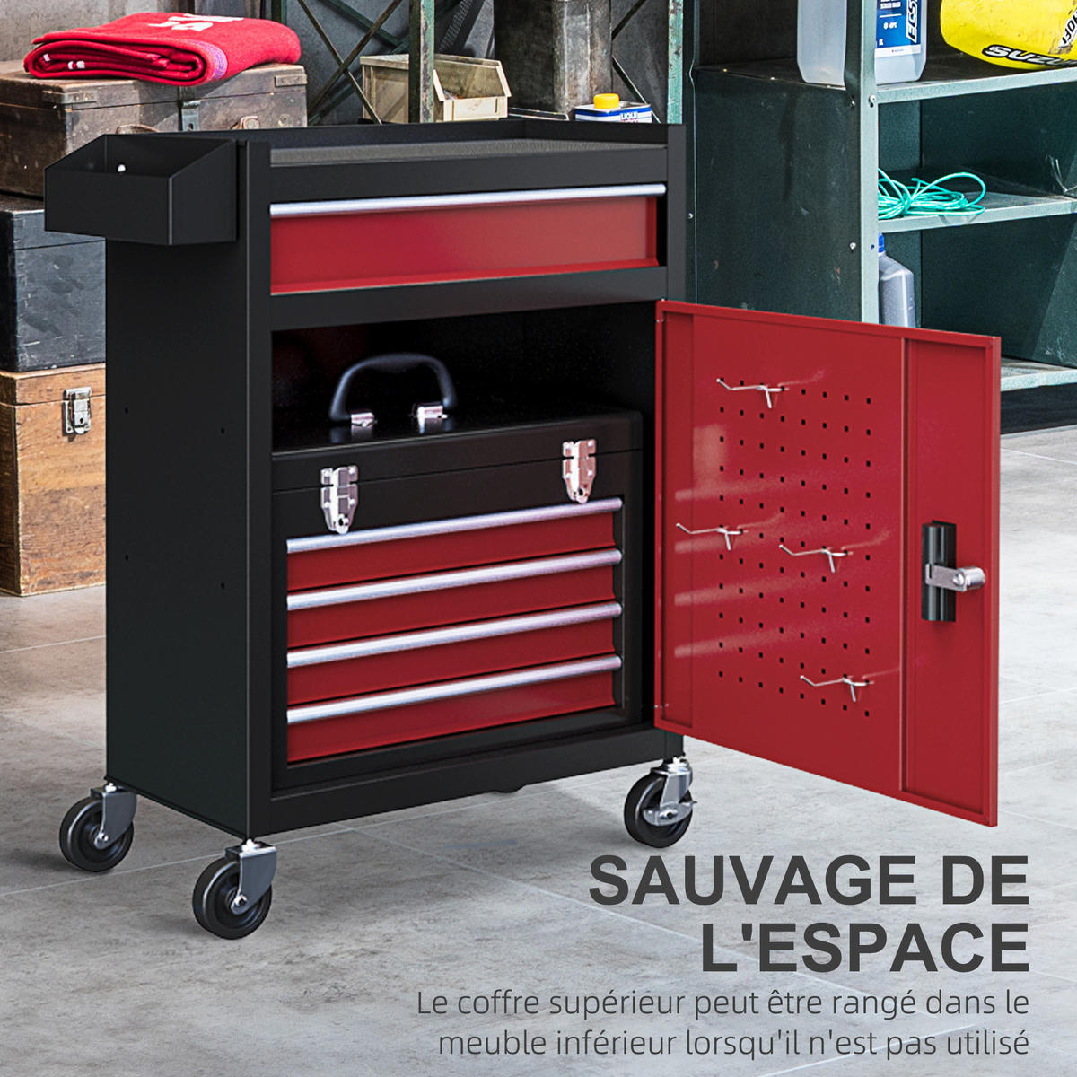 WERKZEUGSCHRANK DE-18978 5 Schubladen, abschließbar auf Rollen Rot - Rot, Metall (28/102/60cm) - ComfortXL