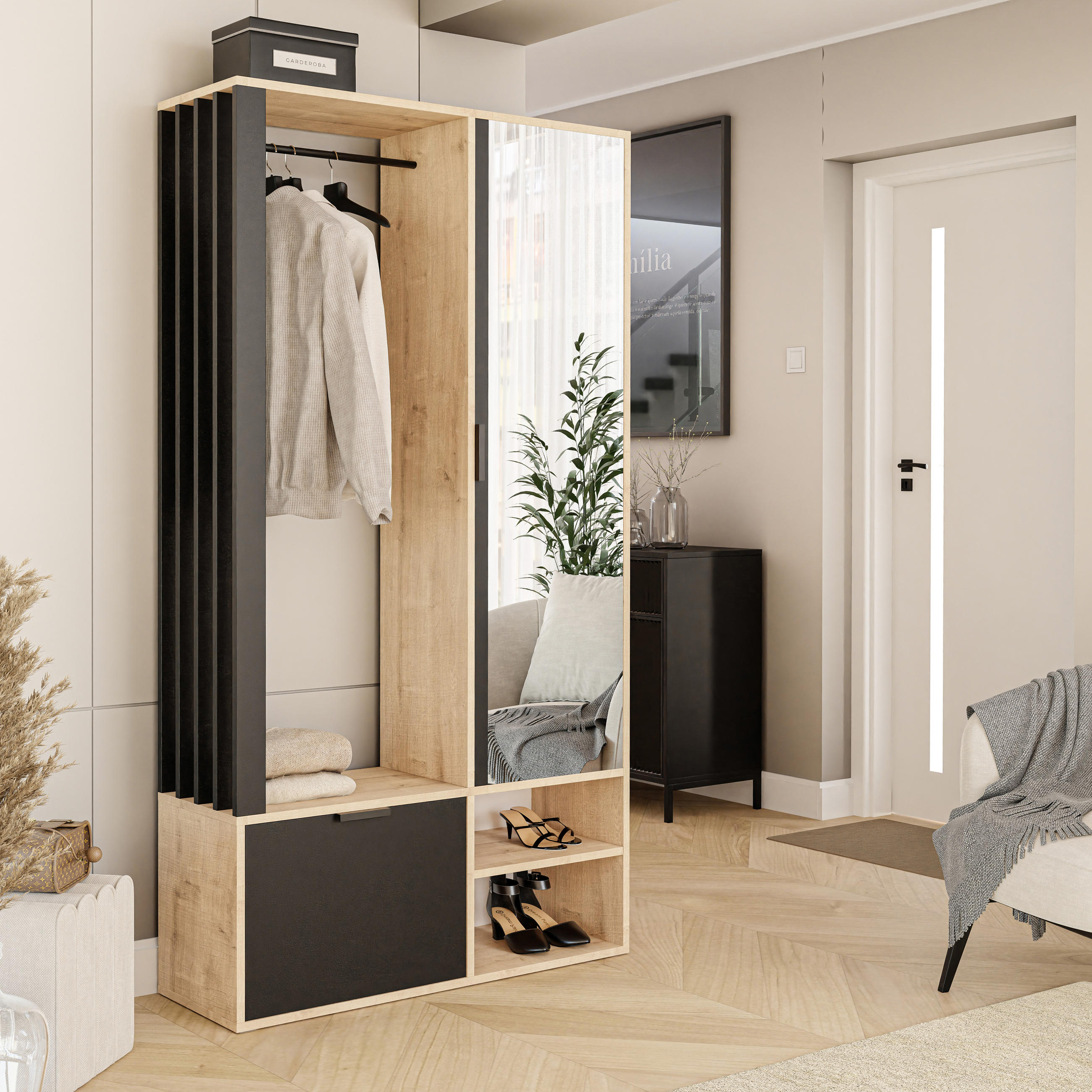 GARDEROBENSCHRANK mit Spiegel-mit Ablagen und Kleiderstange - Schwarz/Braun, Holzwerkstoff (100/190/33cm) - Idohome
