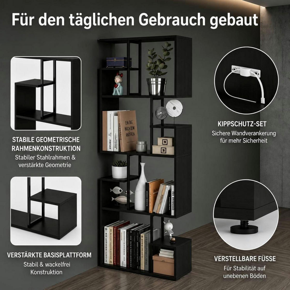 REGAL Manora Schwarz 60 x 24 x 174 cm - Schwarz, Holzwerkstoff (60/174/24cm)