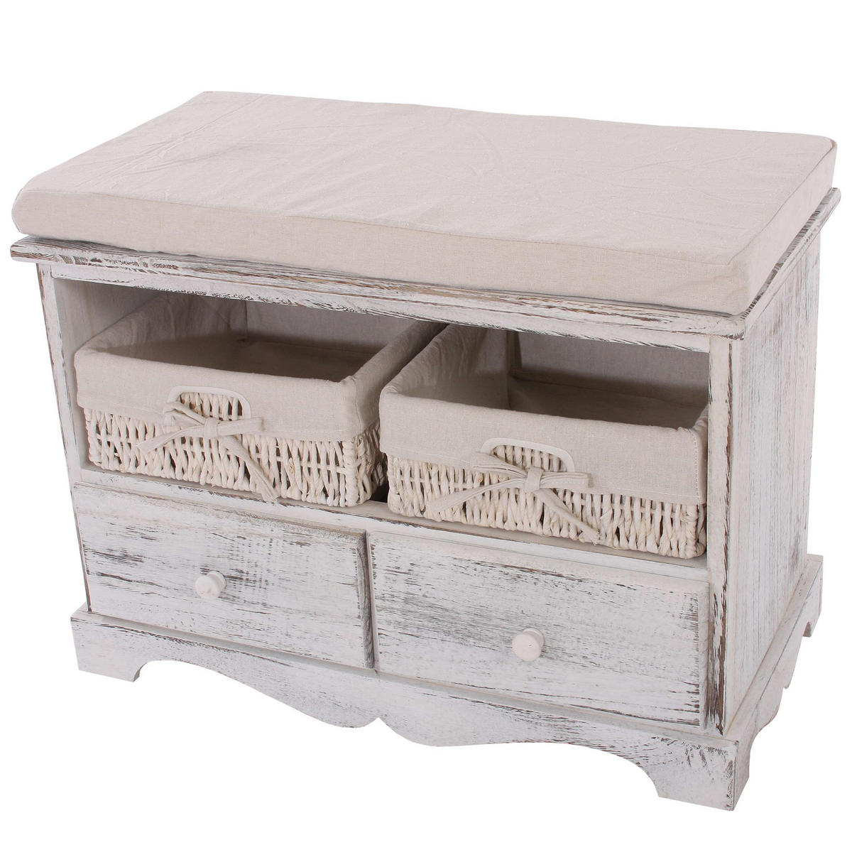 SITZBANK 2 KÖRBE SHABBY-LOOK Cremeweiß - Weiß, Holz (62/42/33cm) - MCW