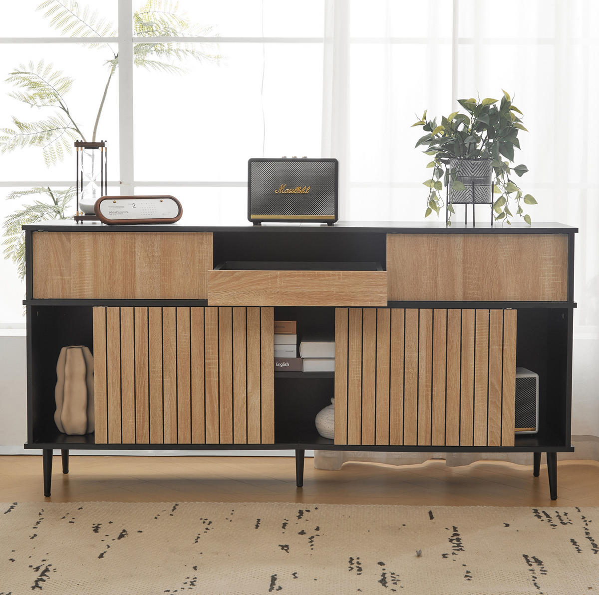 KOMMODE 160/40/80 cm mit Schiebetüren und Metallfüßen in Eichefarben/Schwarz - Schwarz, Holzwerkstoff (160/80/40cm) - BEAOK