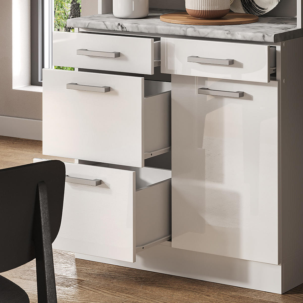 BUFFET R-Line Weiß Hochglanz 80 cm, AP Marmor - Weiß Hochglanz/Weiß, Holzwerkstoff (80/81.6/60cm) - Vicco