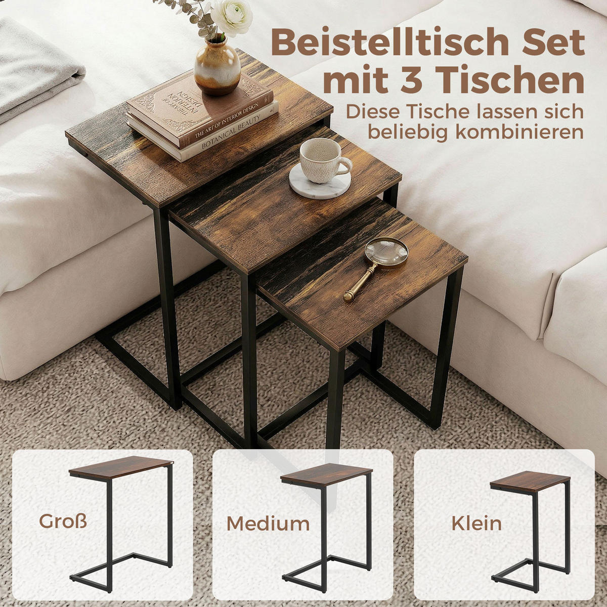 COUCHTISCH DE-08782 3er-Set Braun - Braun, Metall (45/30/60cm) - ComfortXL