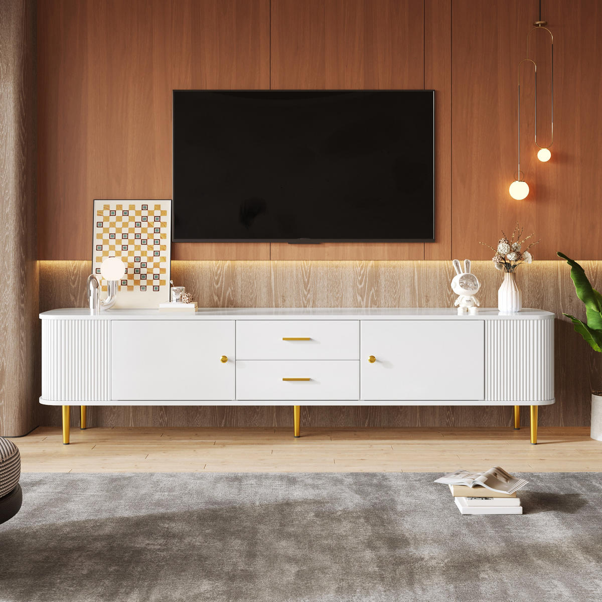 TV-ELEMENT170X34X45CM Weiß mit goldenen Beinen und abgerundeten Ecken - Weiß, Holz (40.64/34.29/57.15cm) - Raelunyi