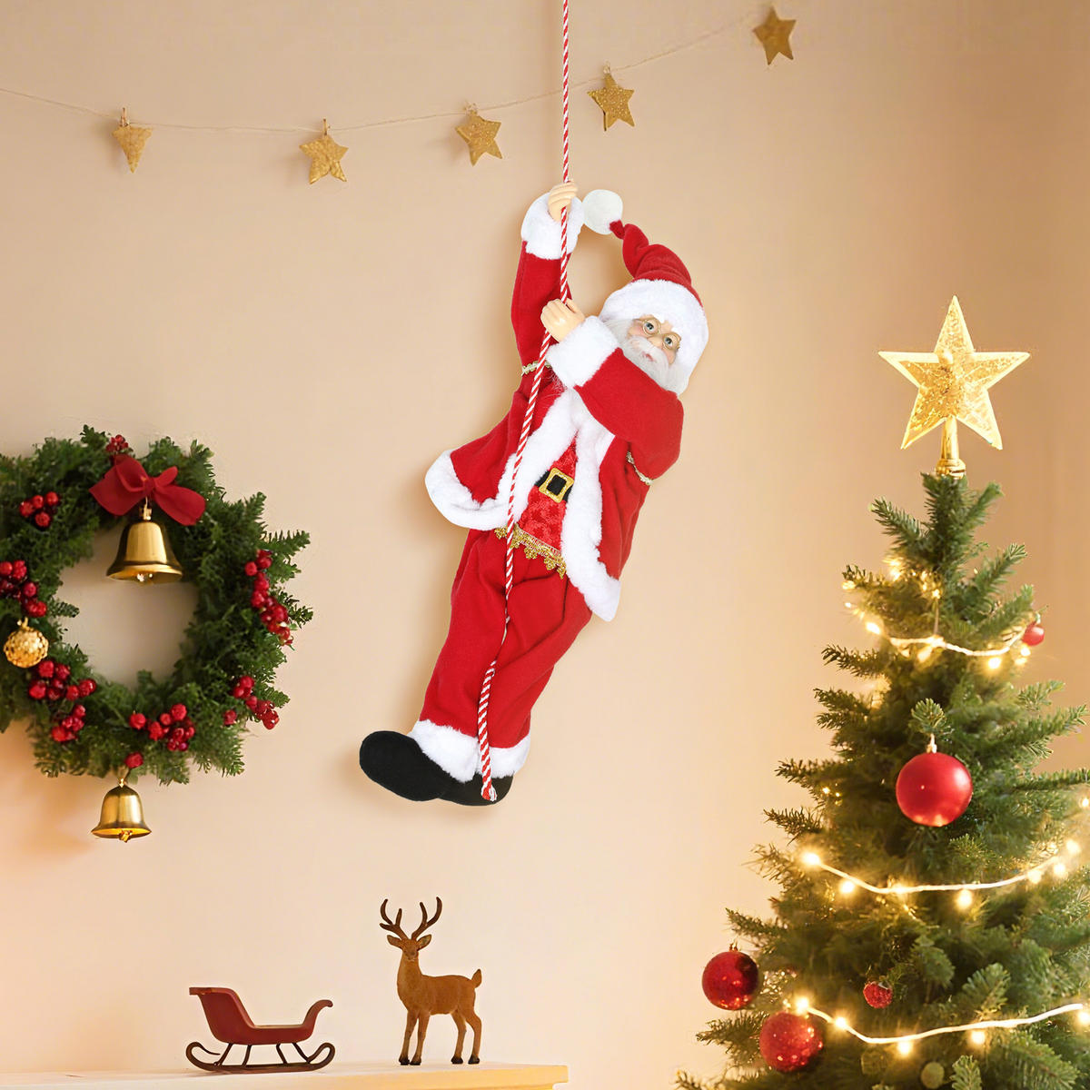 WEIHNACHTSMANN 60 cm Singend und Kletternd Weihnachtsmann mit Geschenk Seil - Rot, Textil (18/60/20cm) - HOMCOM