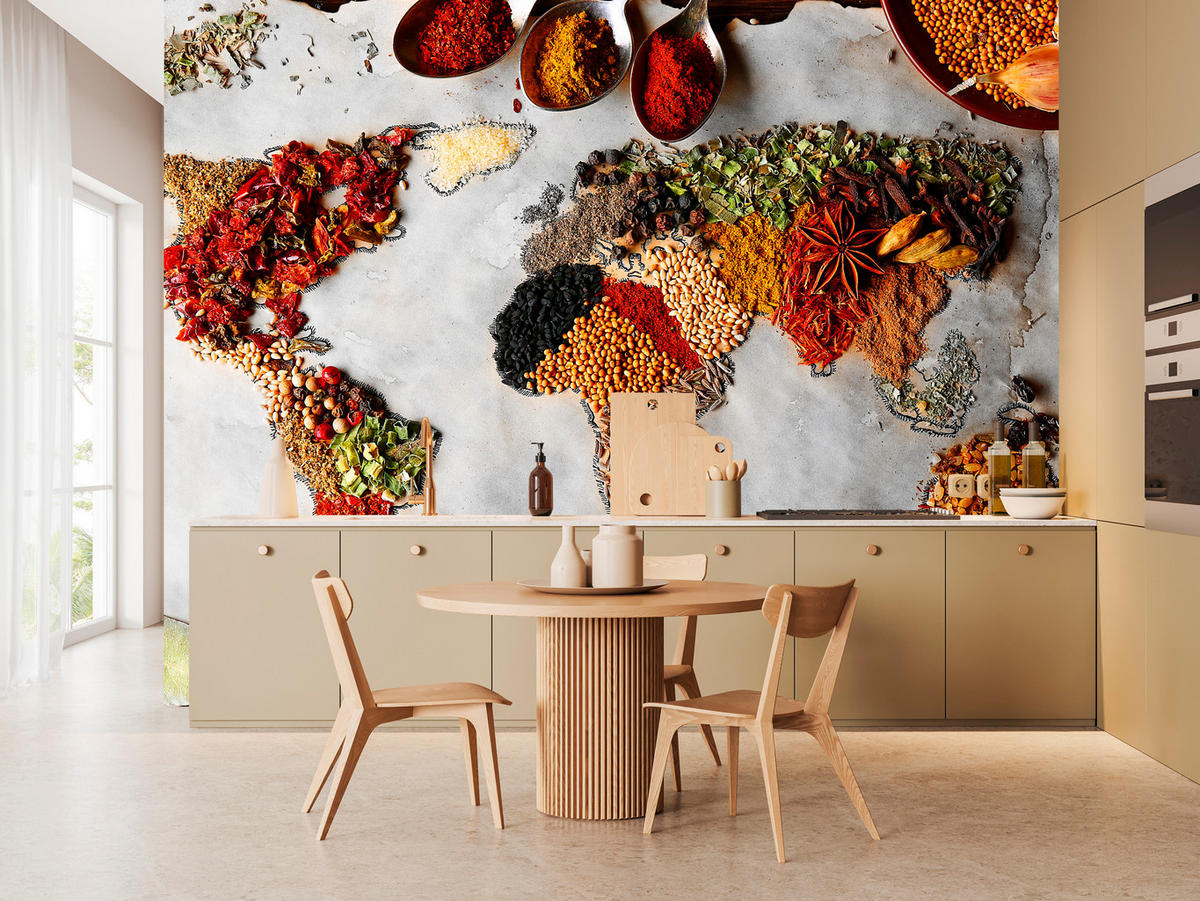 FOTOTAPETE für Küche Gewürz-Weltkarte Kulinarisch Kunst 350x256 - Beige/Gelb, Papier (350/256cm) - Muralo