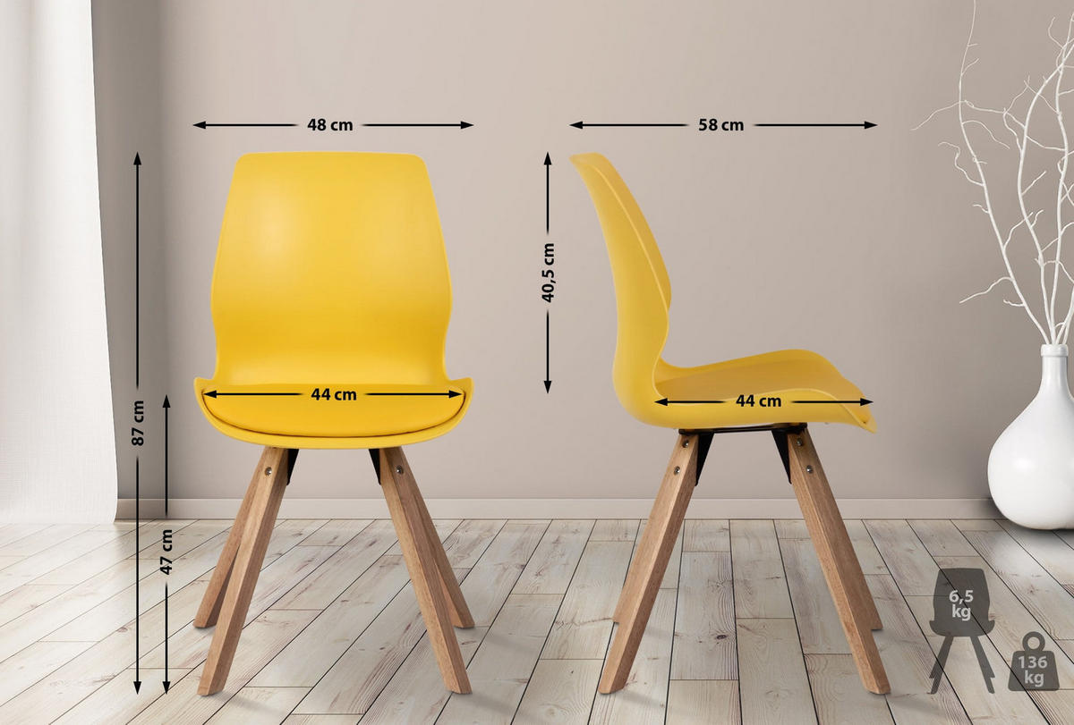 STUHL 2er Set Kunststoff gelb - Eukalyptusholzfarben/Gelb, Holz/Kunststoff (48/87/58cm) - CLP