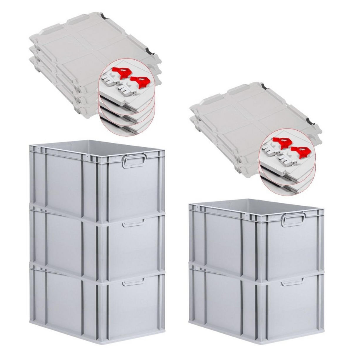 EUROBOX 5x Nextgen Economy Mit Scharnierdeckel Grau/Rot Griffe Geschlossen 65 Liter - Rot, Kunststoff (40/32/60cm) - PROREGAL