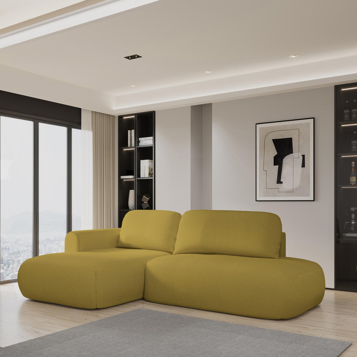 ECKSOFA NUVIRA L-S Gelb Geflochtener Stoff mit Schlaffunktion - Gelb, Holz (274/165cm) - MASSENO