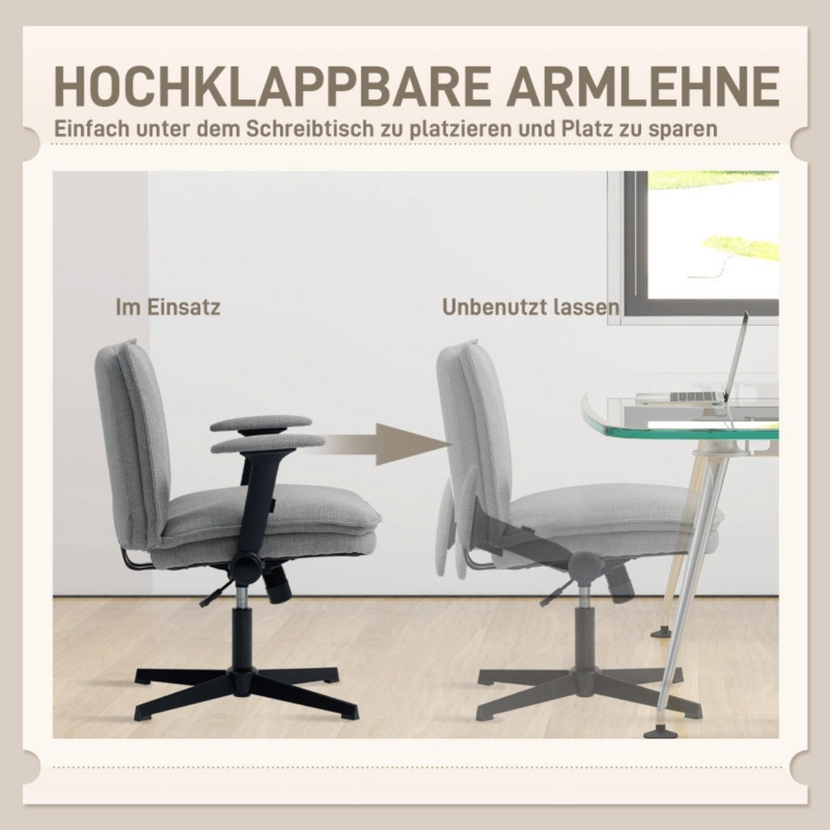 STUHL 76/70/85-97 cm, 63 cm Sitz, höhenverstellbar und drehbar, mit hochklappbaren Armlehnen, Leinenoptik, Grau - Grau, Kunststoff (70/97/76cm) - Redom