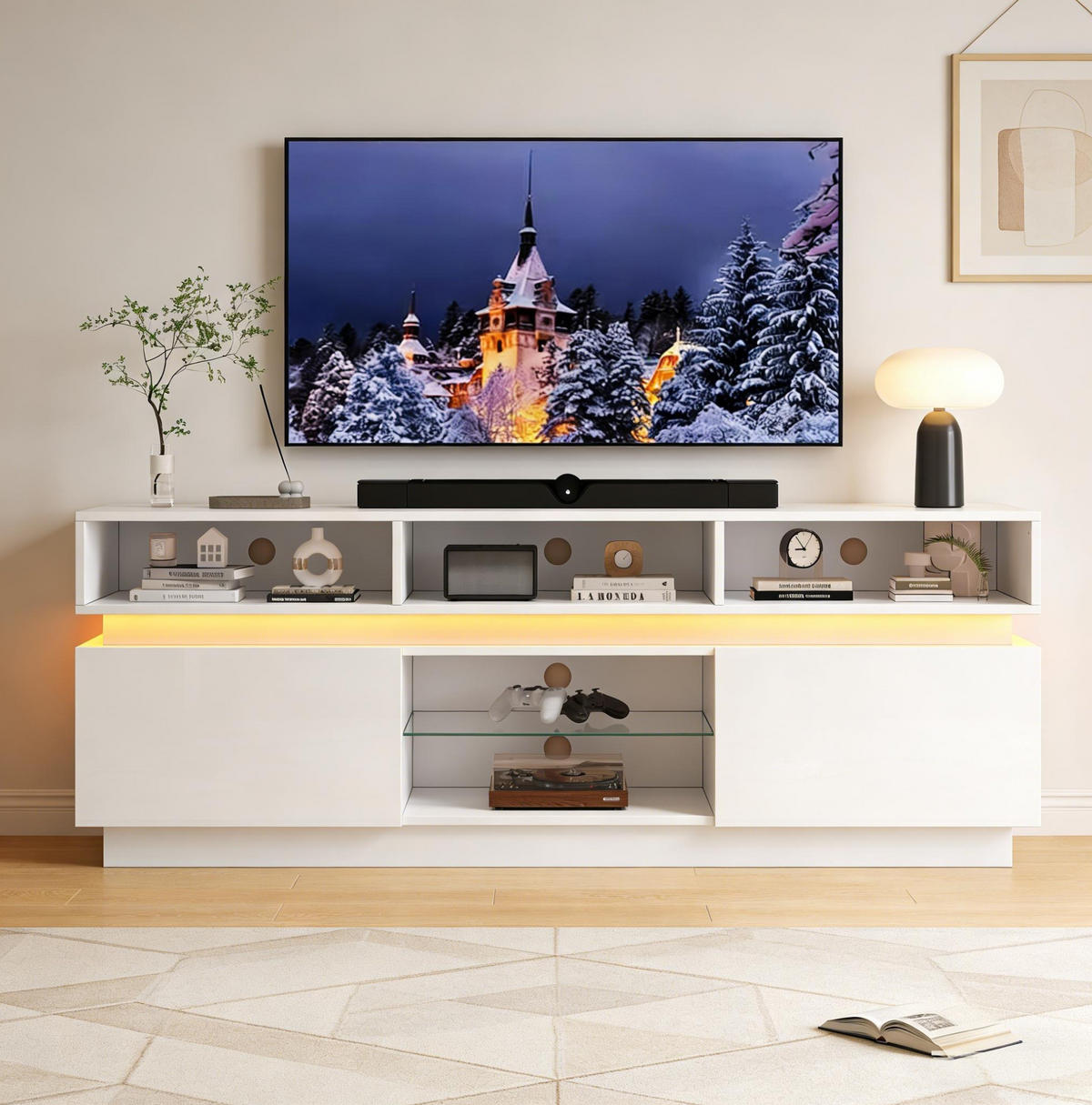 TV-ELEMENT mit 10 Fächern 160 x 35 x 60 cm MDF Weiß mit LED - Weiß, Holzwerkstoff (35/60/160cm) - Beauniv