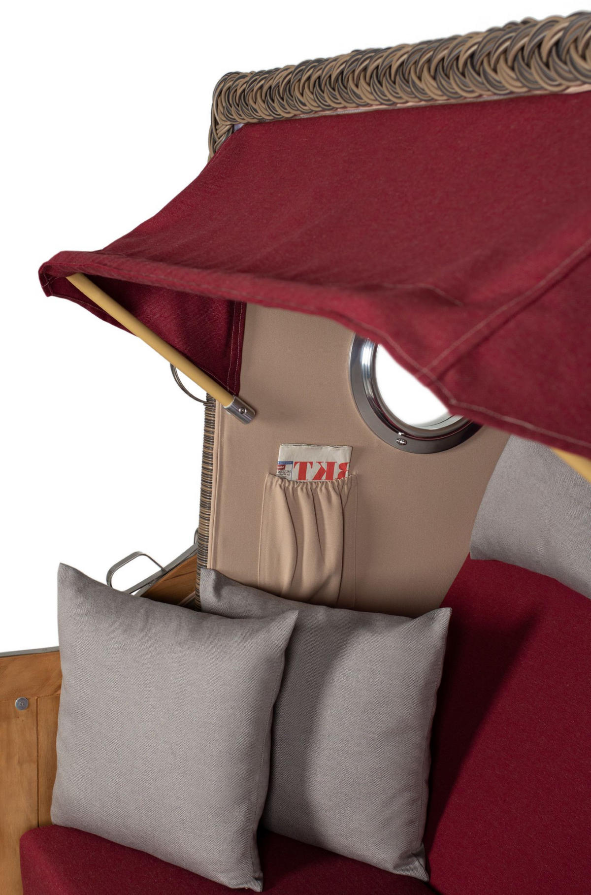 STRANDKORB Komplettset: Ammersee Teak Bullauge - PE grau - Modell 594 - Rot/Grau, Holz/Kunststoff (125/165/80cm) - bene living