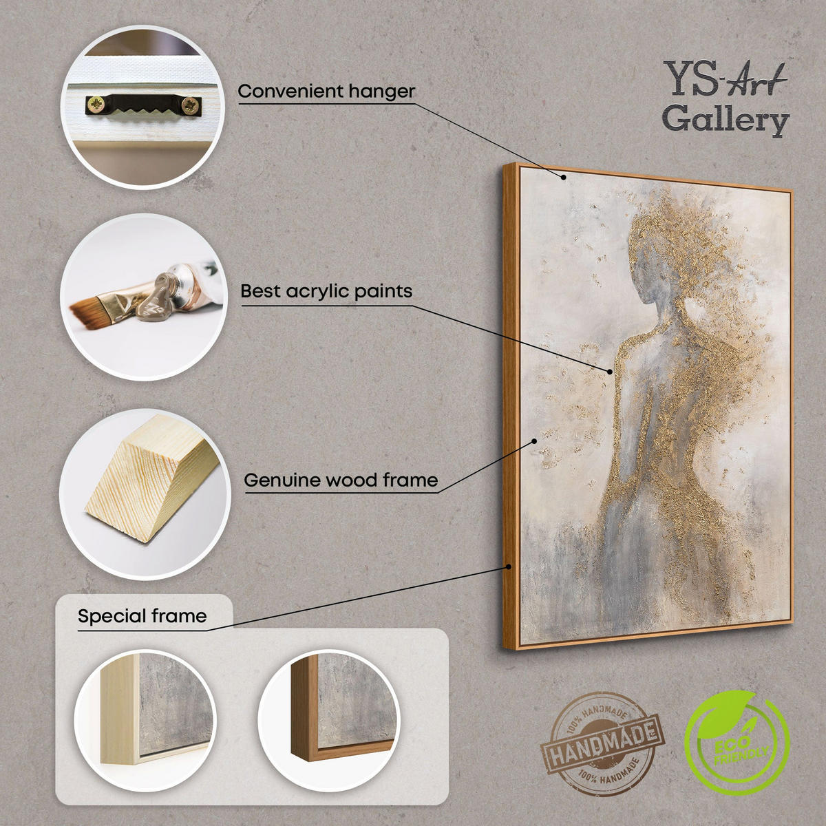 GEMÄLDE Goldene Aura Schattenfugenrahmen Eichefarben 60x40 cm - Eichefarben, Holz (60/40cm) - YS-art gallery
