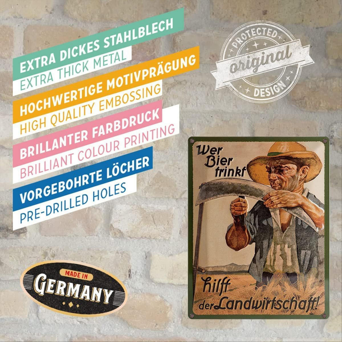 BLECHSCHILD 30/40 cm Wer Bier trinkt, hilft der Landwirtschaft - Multicolor, Metall (30/40/0.2cm) - Nostalgic-Art