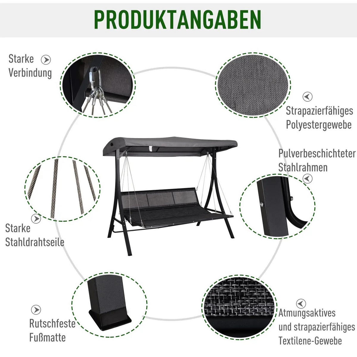 HOLLYWOODSCHAUKEL aus Metall in Grau mit verstellbarem Sonnendach - Grau, Metall (200/168/115cm) - Modfu