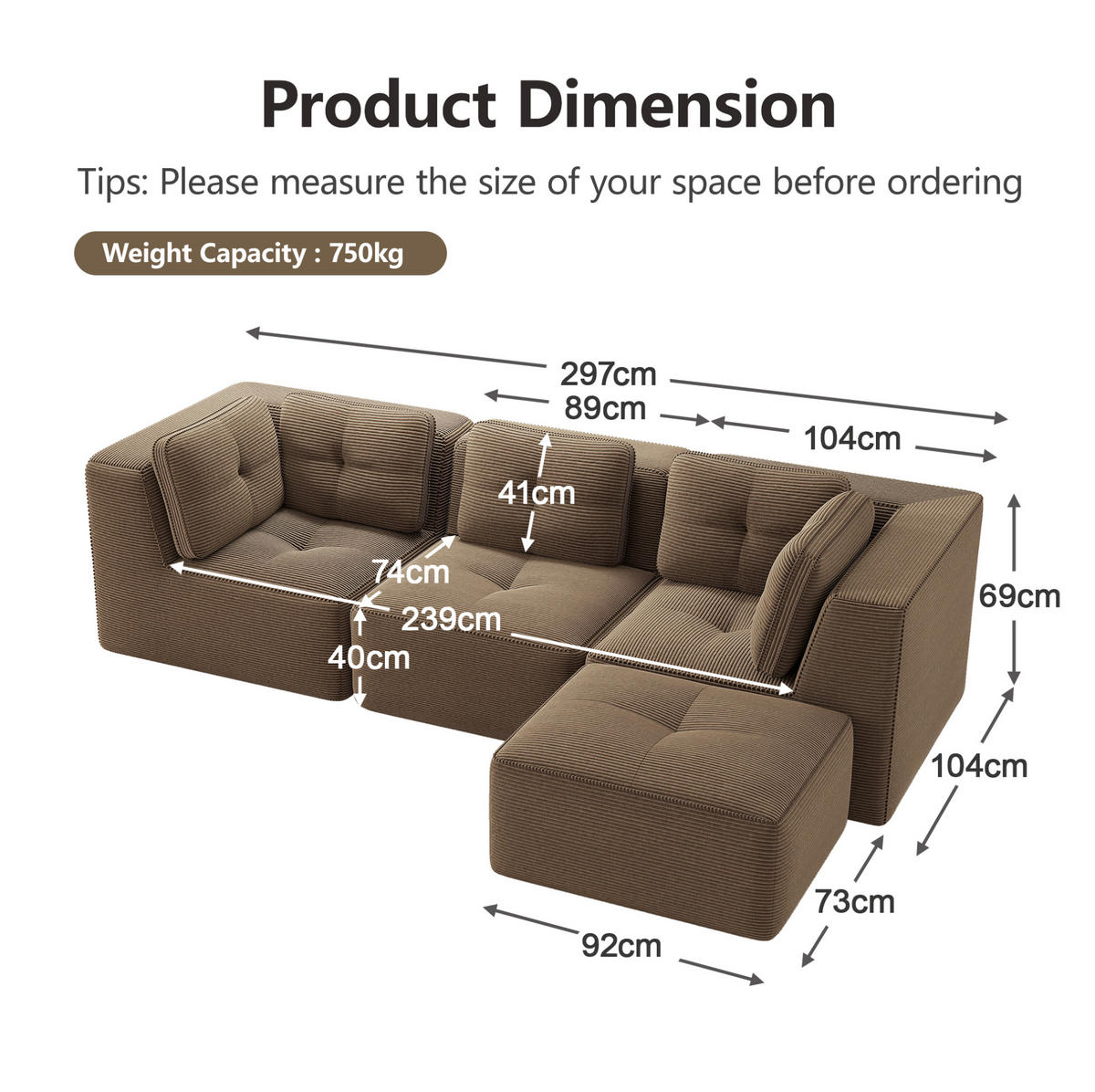 ECKSOFA 297/177/69 cm braun aus Cord mit modularem Design und ohne Aufbau - Braun, Textil (177/297cm) - OKWISH