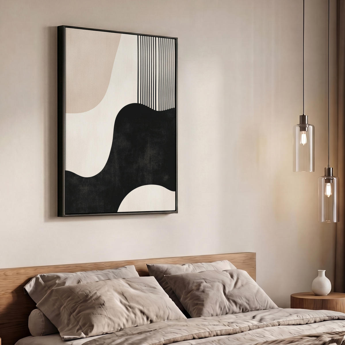 LEINWAND Bilder mit Rahmen - Abstrakt - Japandi - Beige - Modern - 70x100 - Schwarz, Textil (70/100cm) - MuchoWow
