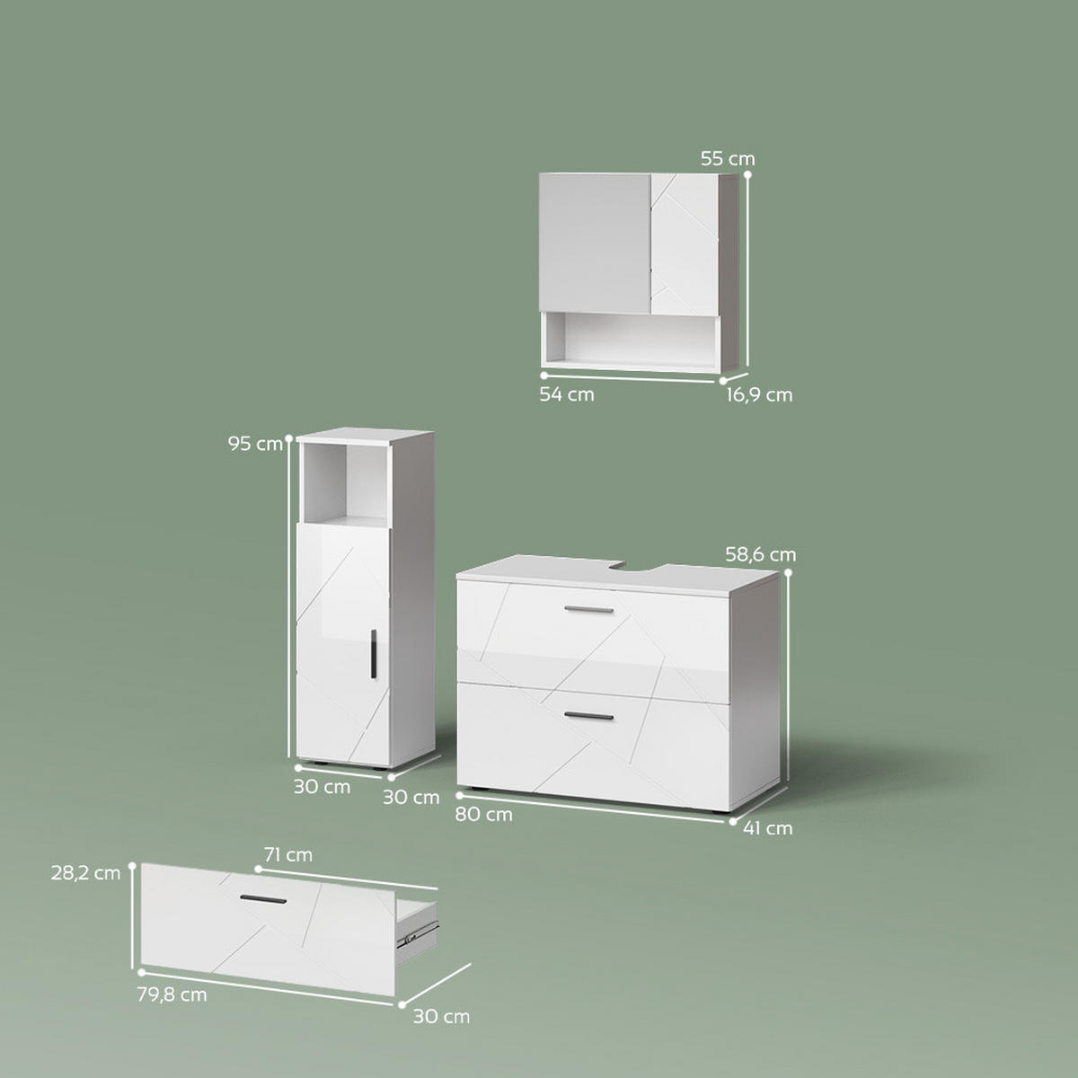 BADMÖBEL-SET Ronco Weiß Hochglanz 3 Teile, mit Midischrank - Weiß Hochglanz/Weiß, Holzwerkstoff (54/55/41cm) - Livinity®