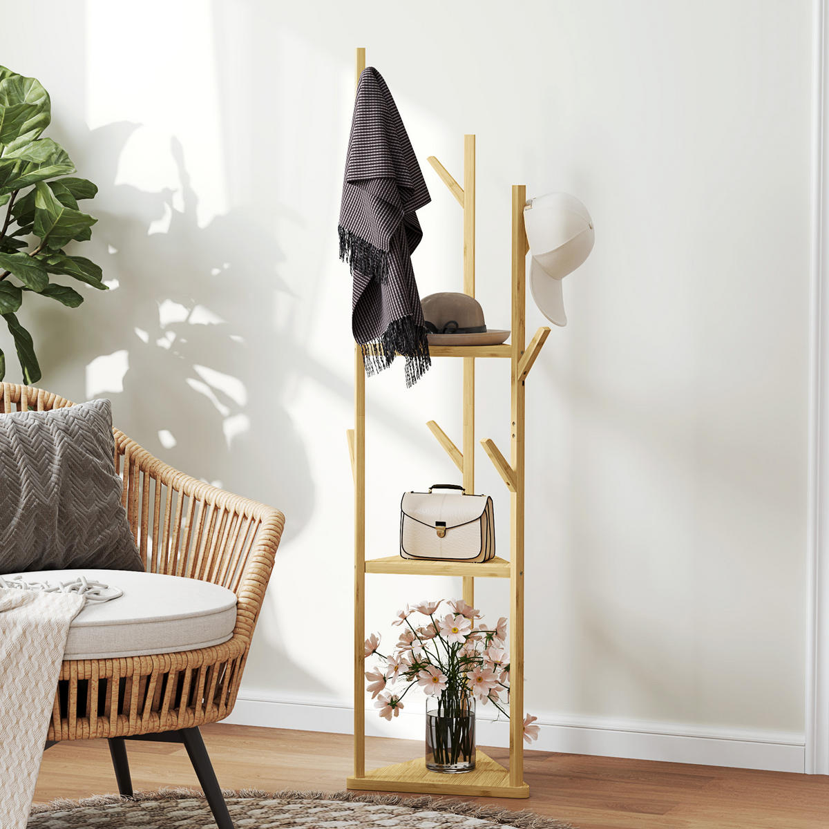 GARDEROBENSTÄNDER, Kleiderständer mit 9 Haken, 3 Ebenen, Jackerständer für Hüte - Naturfarben, Holzwerkstoff (45/170/45cm) - HOMCOM