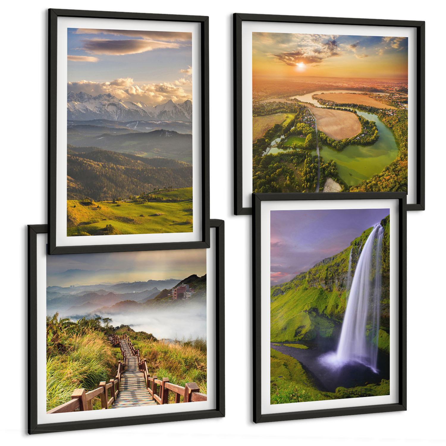 BILDER SET 4er Set - 50x50 cm & 40x60 cm Schwarzer Rahmen - Ausblicke auf Berge, Flüsse und Wasserfälle - Schwarz, Kunststoff (50/50cm) - TULUP